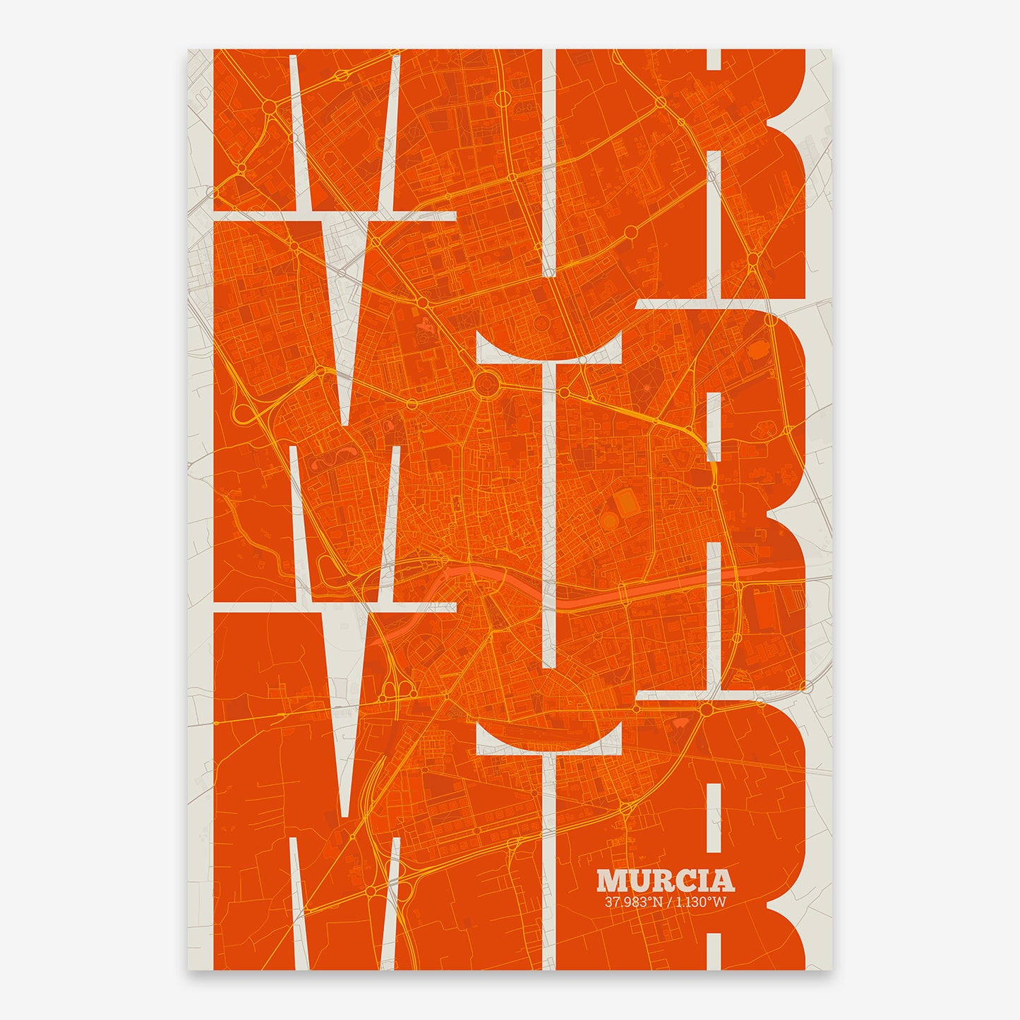 The map of Murcia composed with letters from its name or IATA code printed on orange and an off-white background