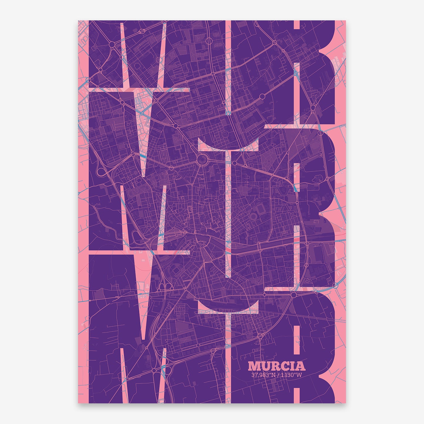 The map of Murcia composed with letters from its name or IATA code printed on violet y pink background