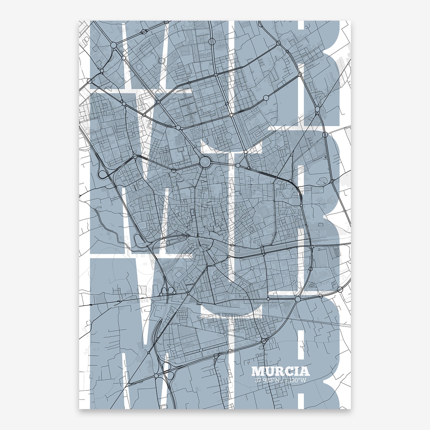 The map of Murcia composed with letters from its name or IATA code printed on black and white