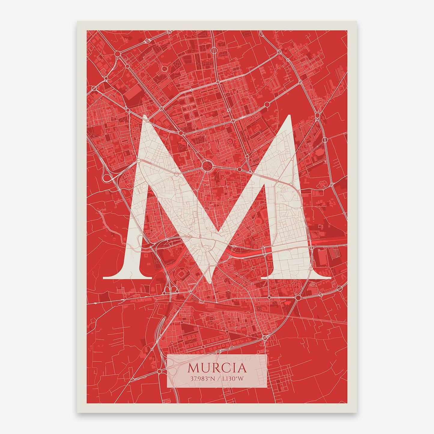 The map of Murcia composed with letters in serif font printed on red and an off-white background