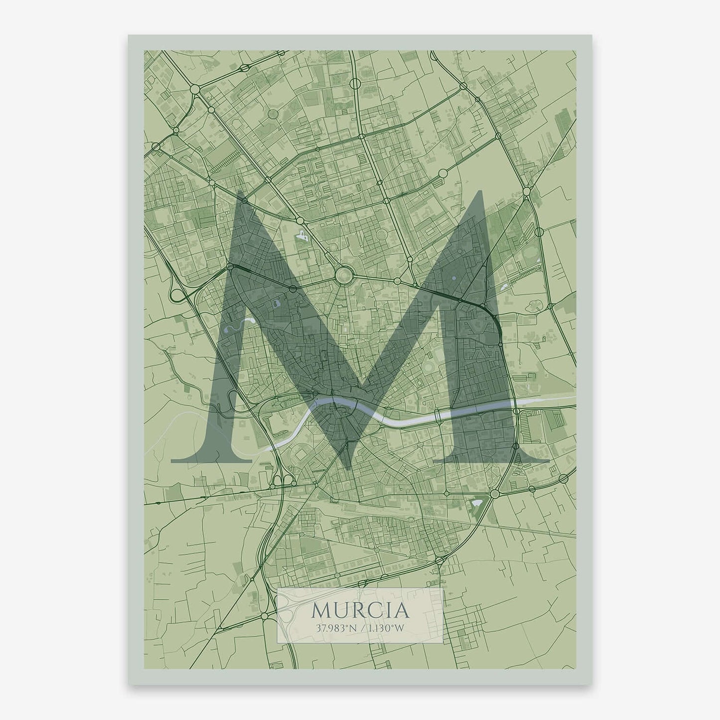 The map of Murcia composed with letters in serif font printed on two green tones