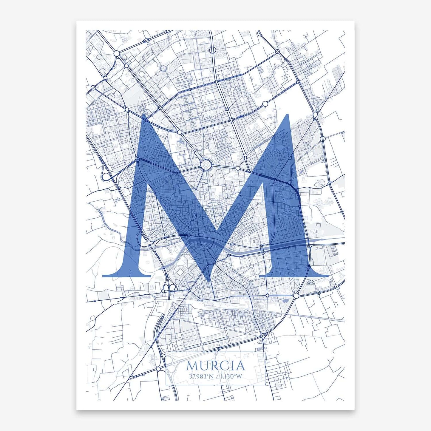 The map of Murcia composed with letters in serif font printed on navy blue and white