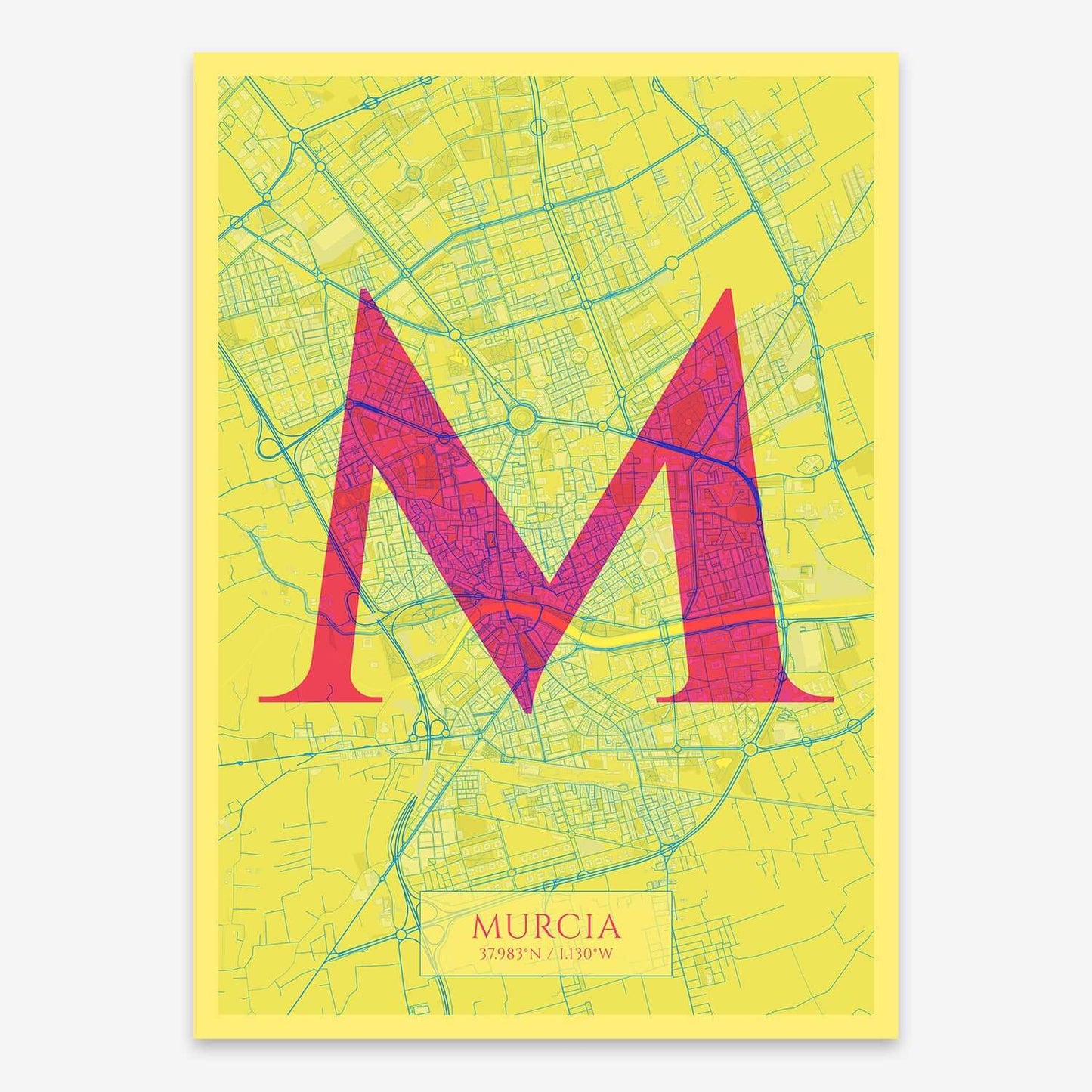 The map of Murcia composed with letters in serif font printed on yellow and fuchsia