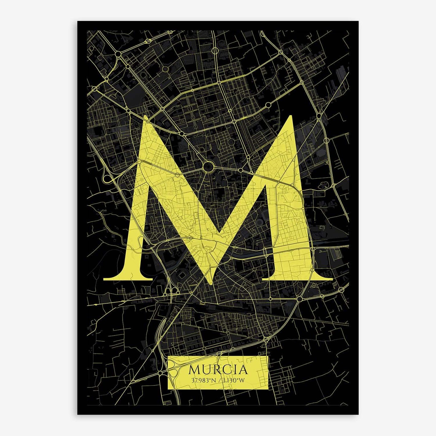 The map of Murcia composed with letters in serif font printed on black and yellow