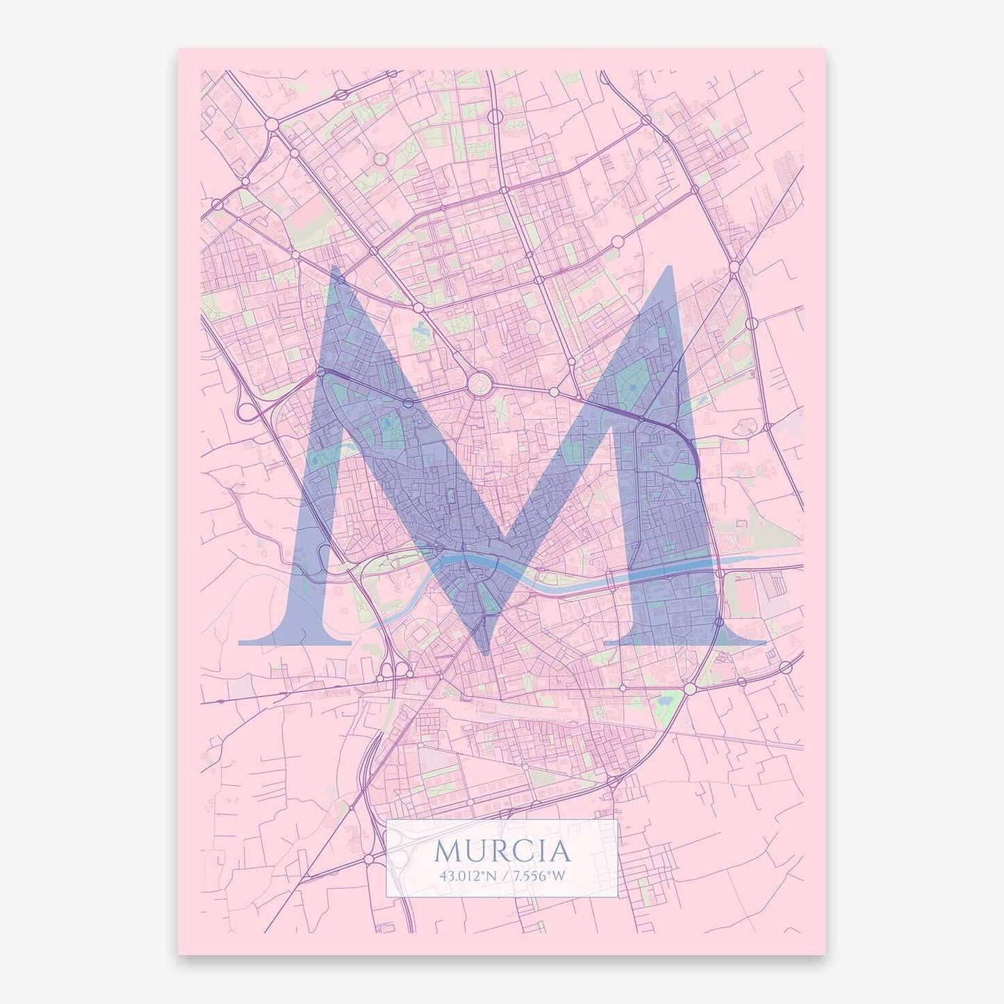 The map of Murcia composed with letters in serif font printed on pink and light blue