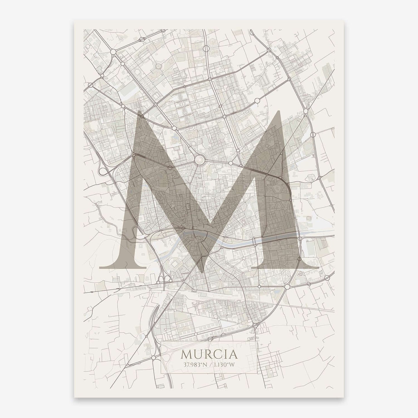 The map of Murcia composed with letters in serif font printed on light brown and an off-white background