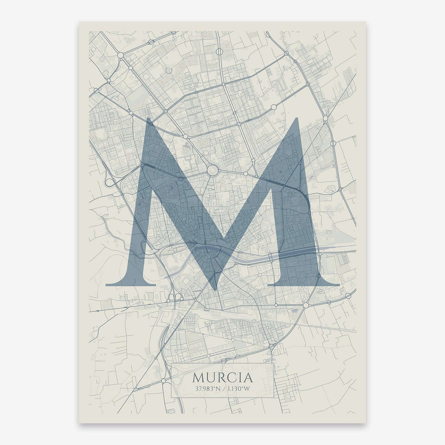 The map of Murcia composed with letters in serif font printed on bluish gray and an off-white background