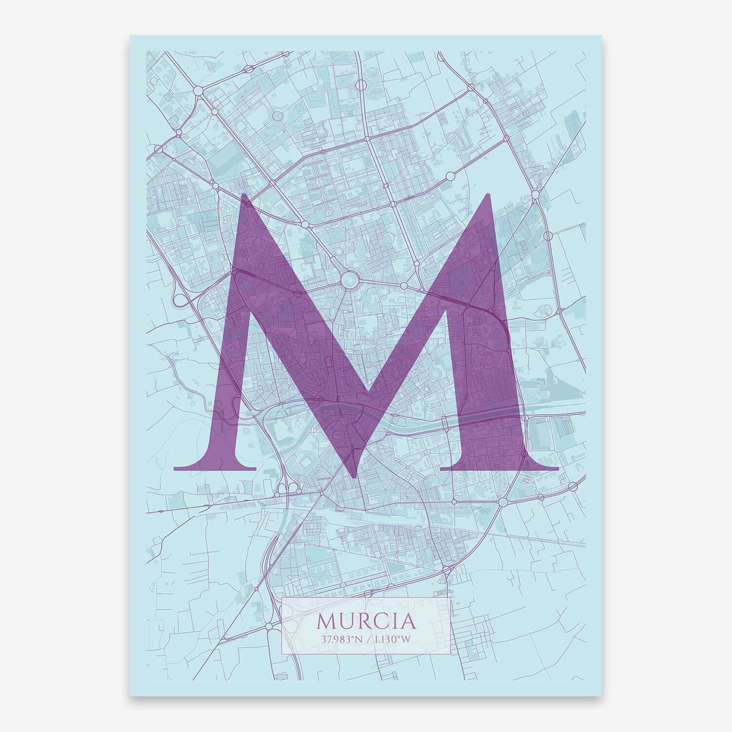 The map of Murcia composed with letters in serif font printed on purple and light blue