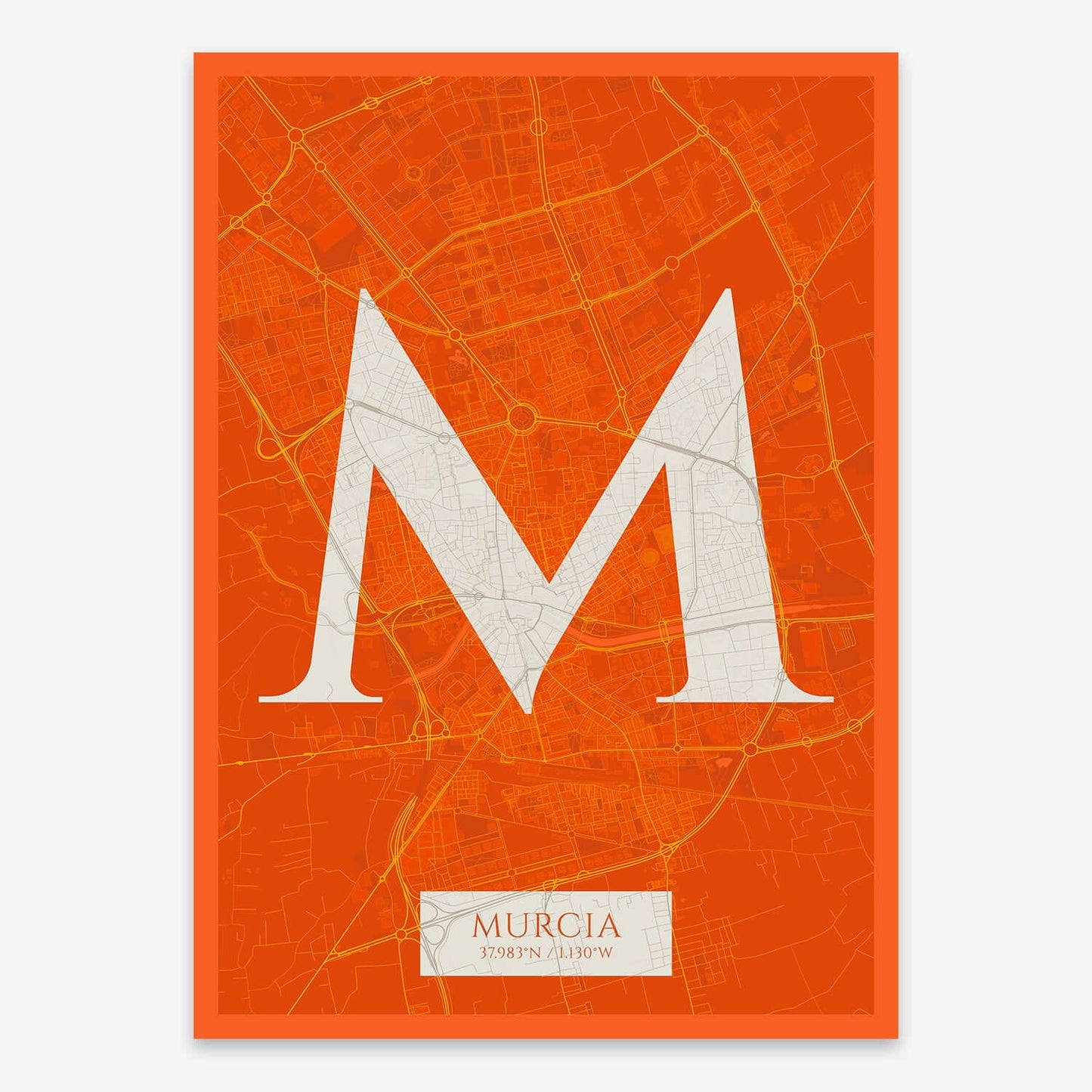 The map of Murcia composed with letters in serif font printed on orange and an off-white background