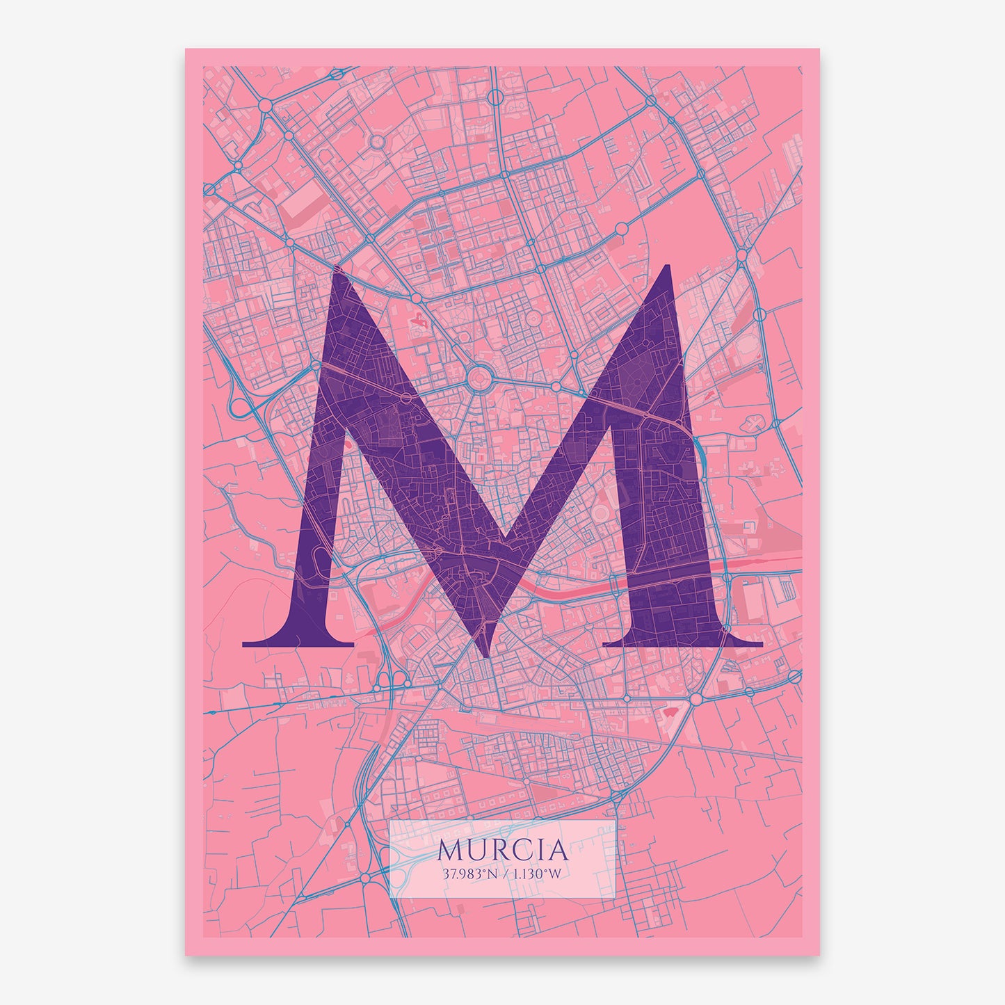 The map of Murcia composed with letters in serif font printed on violet y pink background
