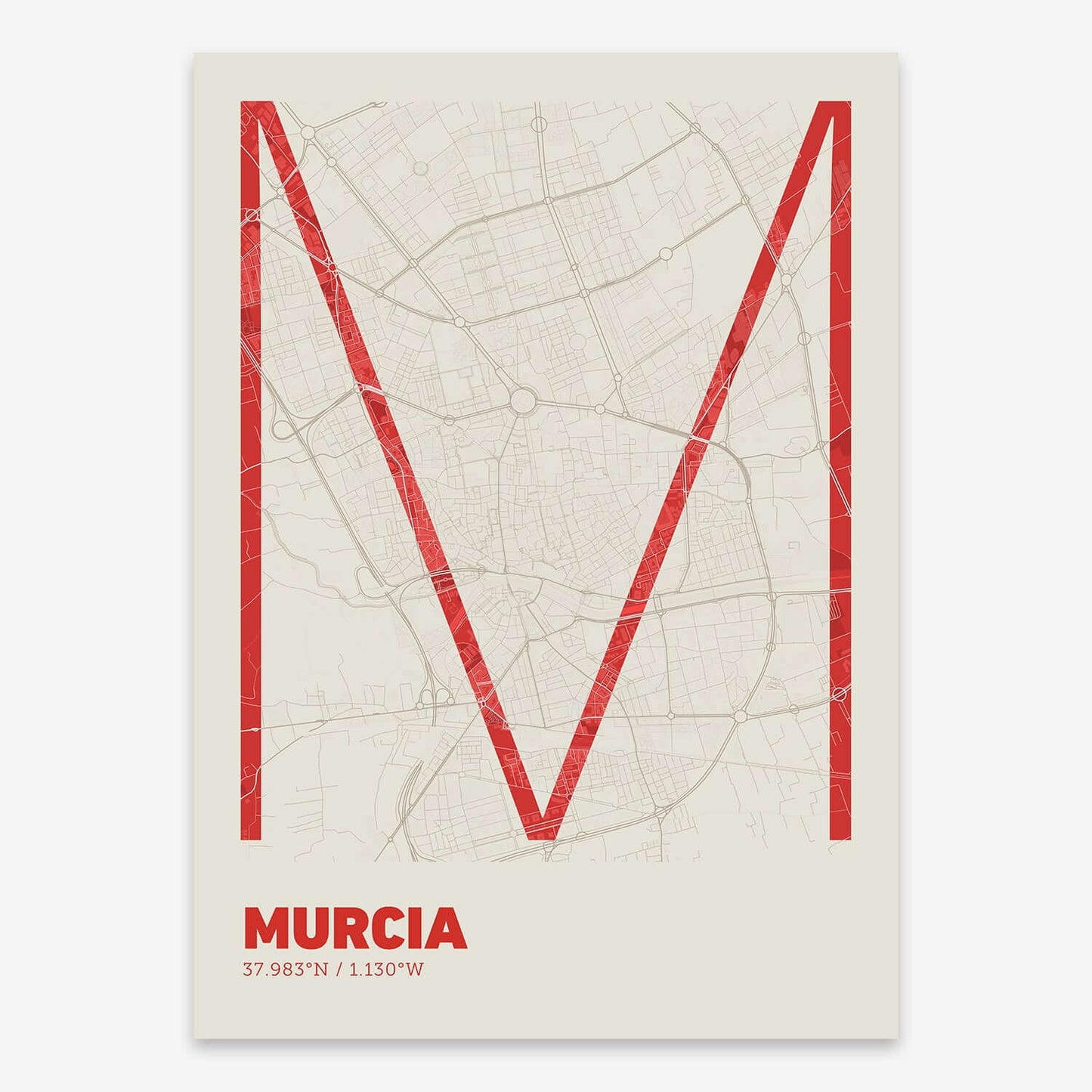 The map of Murcia composed with letters in extra light font printed on red and an off-white background