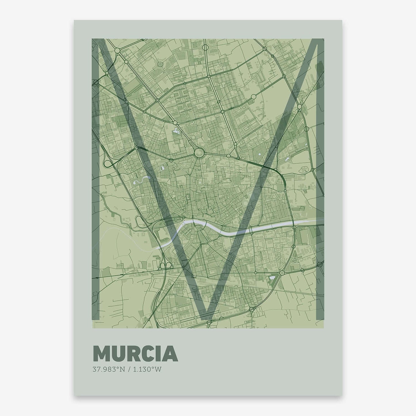 The map of Murcia composed with letters in extra light font printed on two green tones