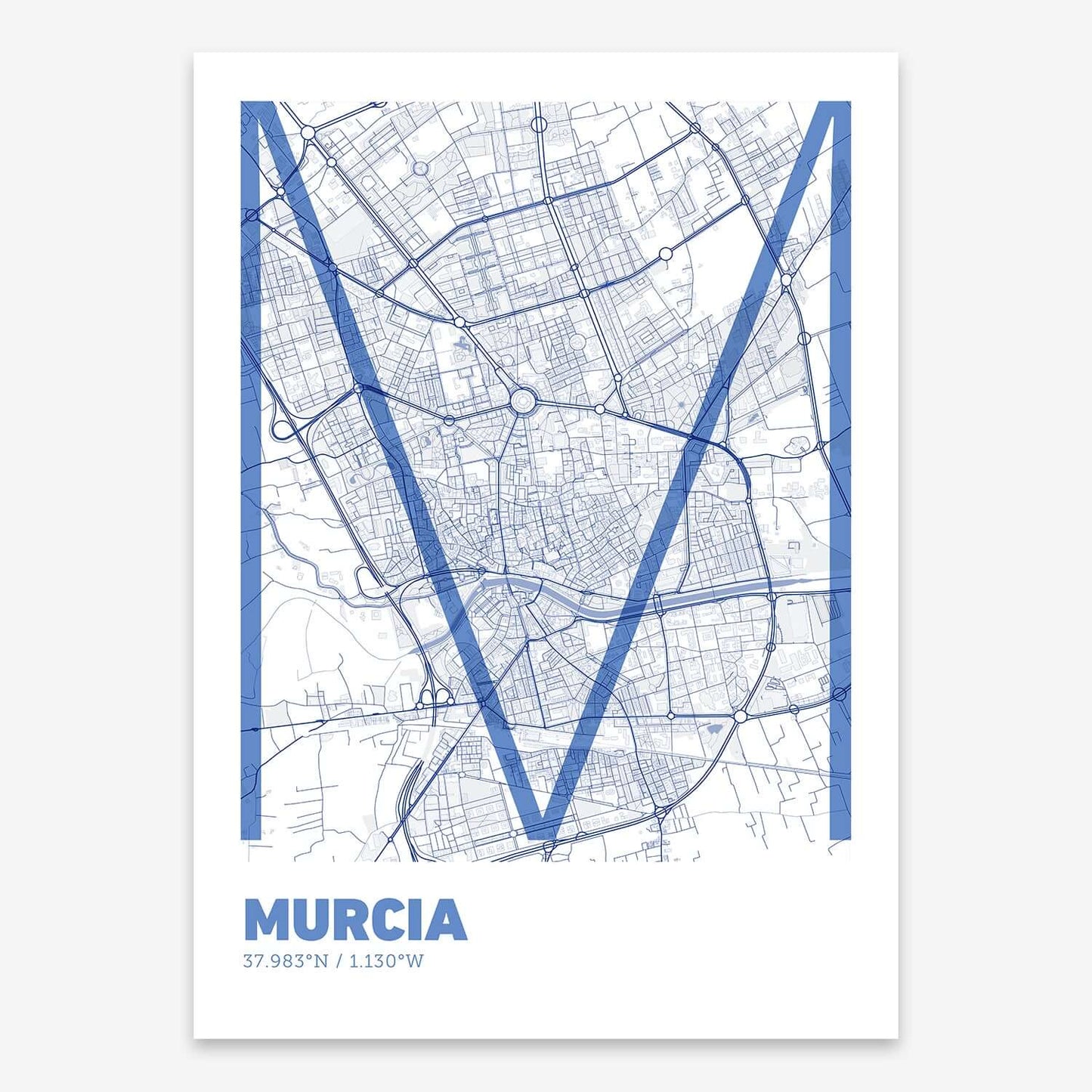 The map of Murcia composed with letters in extra light font printed on navy blue and white