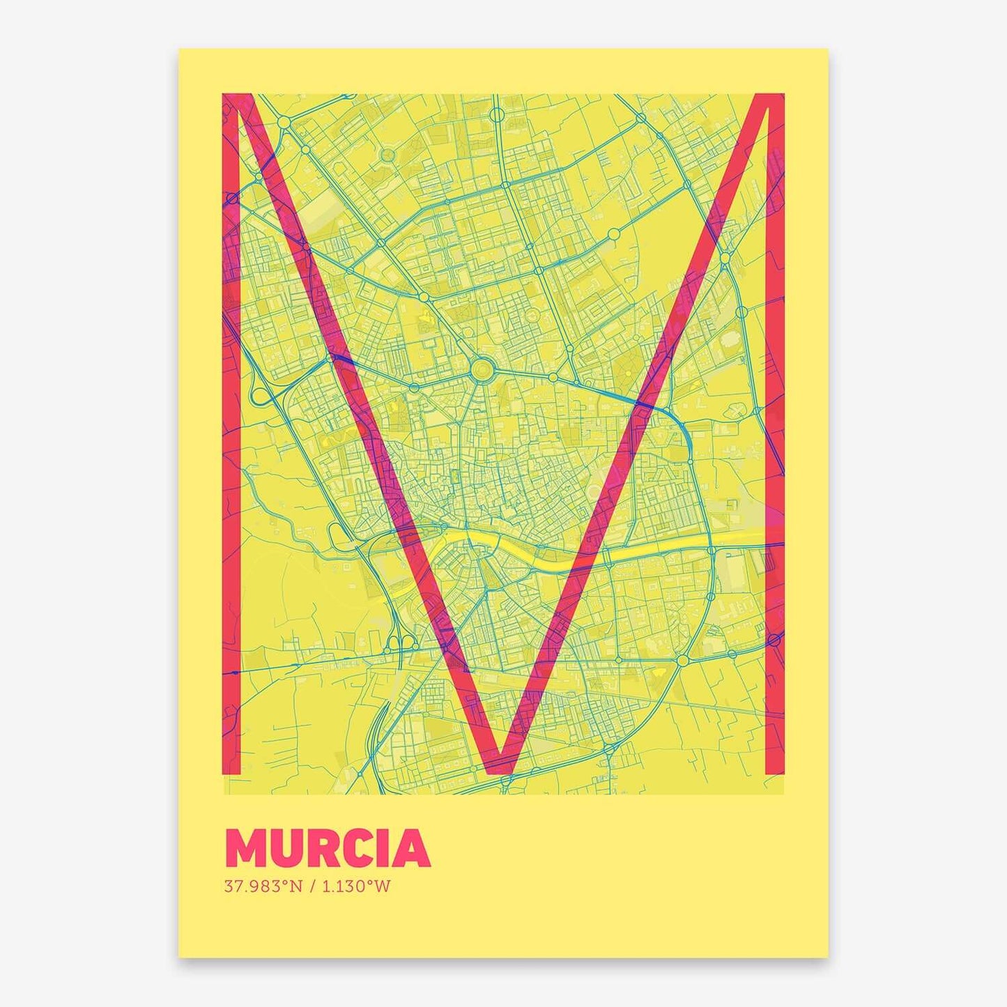 The map of Murcia composed with letters in extra light font printed on yellow and fuchsia
