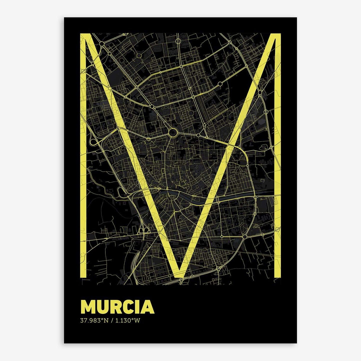 The map of Murcia composed with letters in extra light font printed on black and yellow