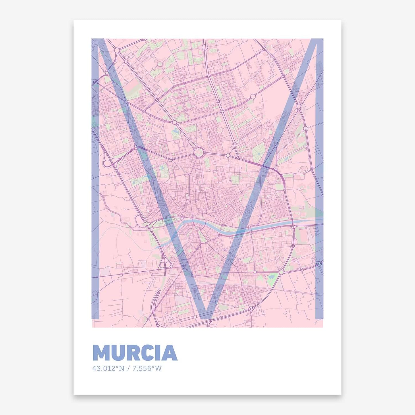 The map of Murcia composed with letters in extra light font printed on pink and light blue