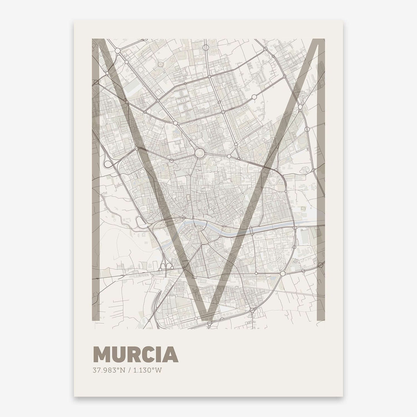 The map of Murcia composed with letters in extra light font printed on light brown and an off-white background