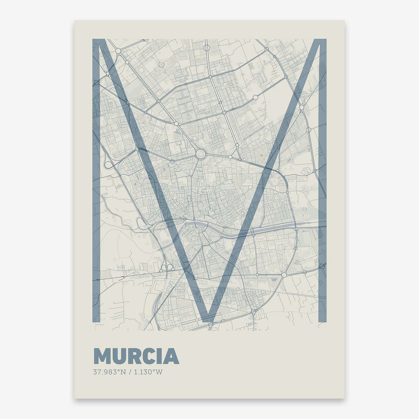 The map of Murcia composed with letters in extra light font printed on bluish gray and an off-white background