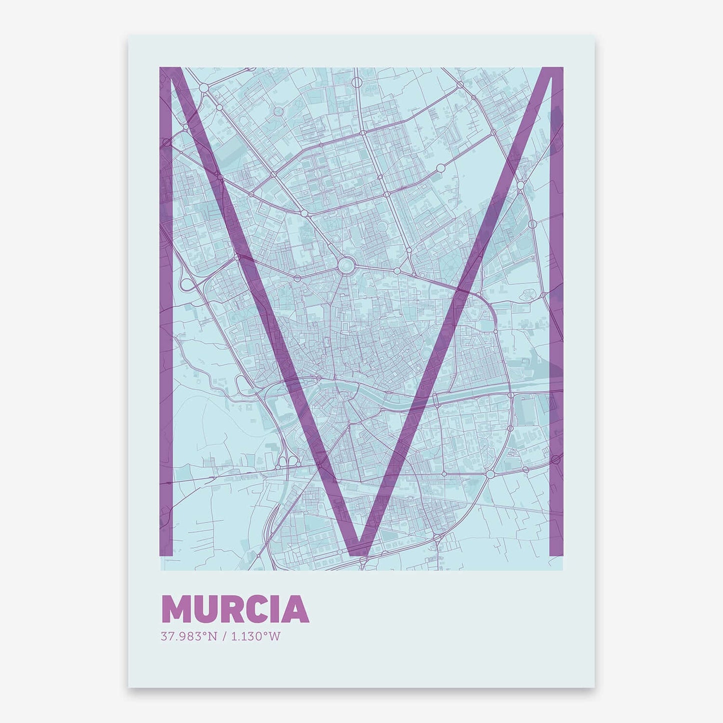 The map of Murcia composed with letters in extra light font printed on purple and light blue