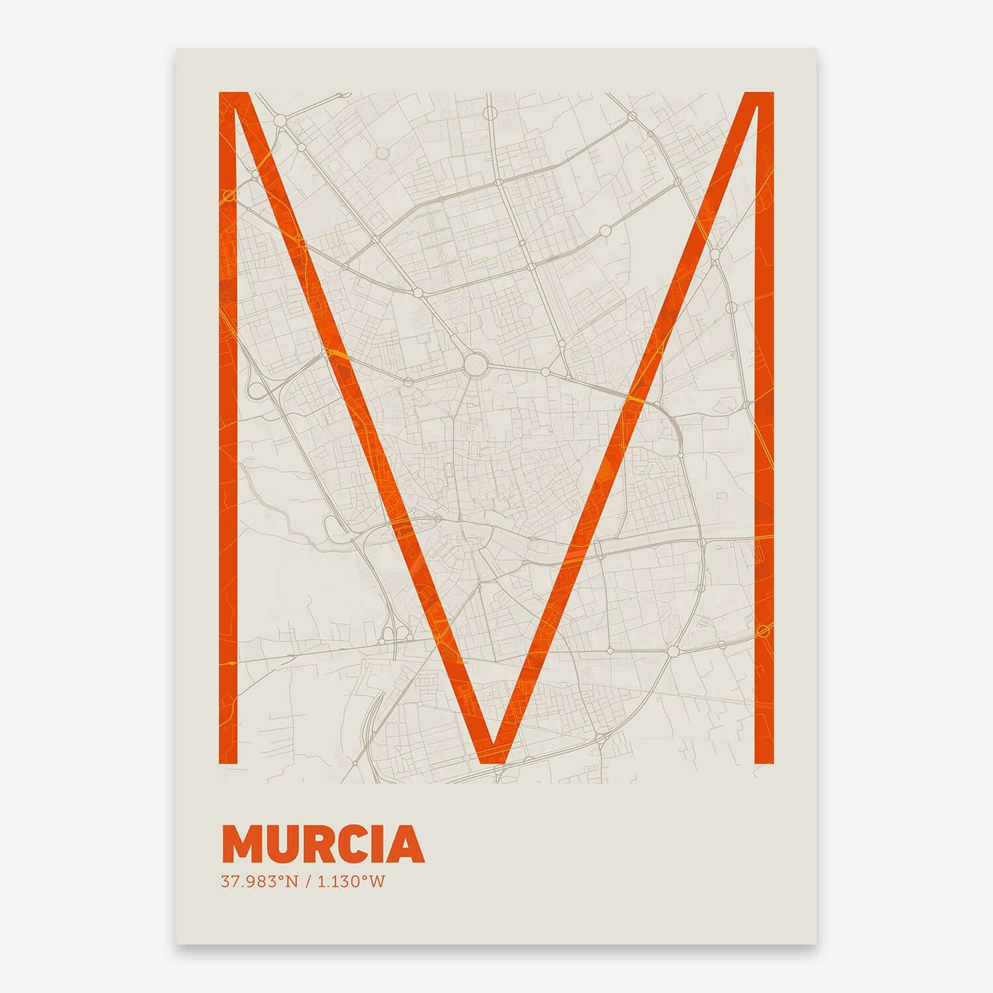 The map of Murcia composed with letters in extra light font printed on orange and an off-white background