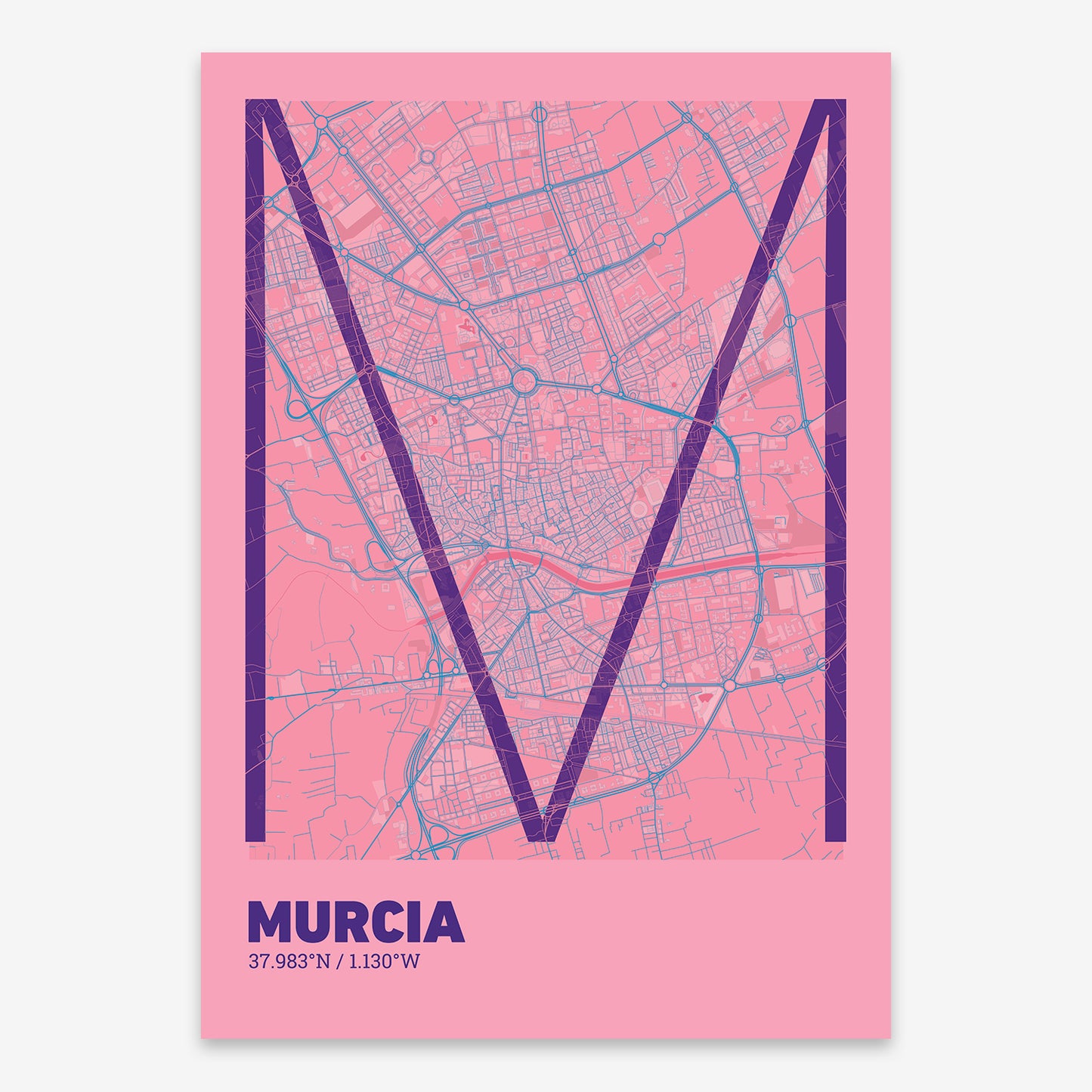 The map of Murcia composed with letters in extra light font printed on violet y pink background