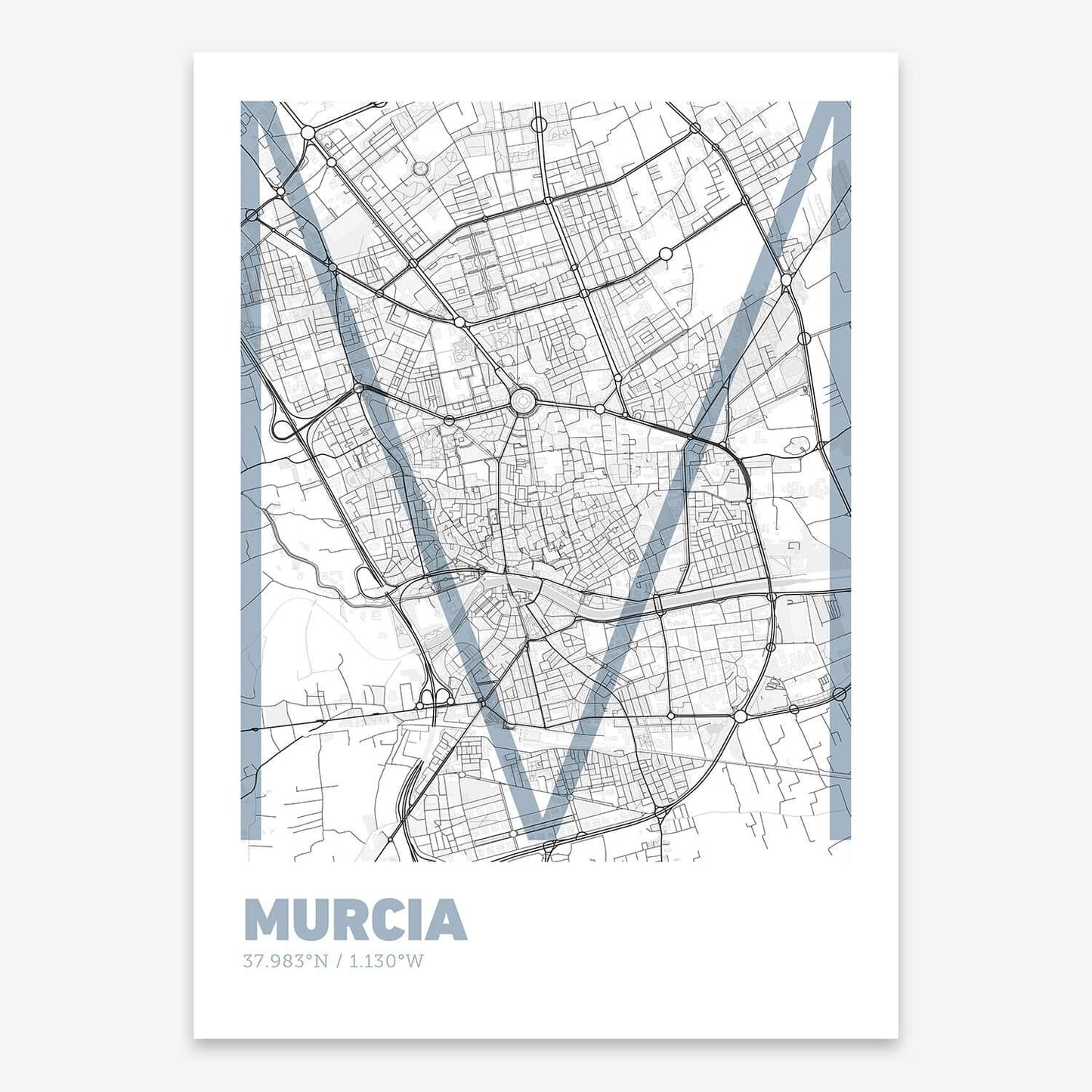 The map of Murcia composed with letters in extra light font printed on black and white