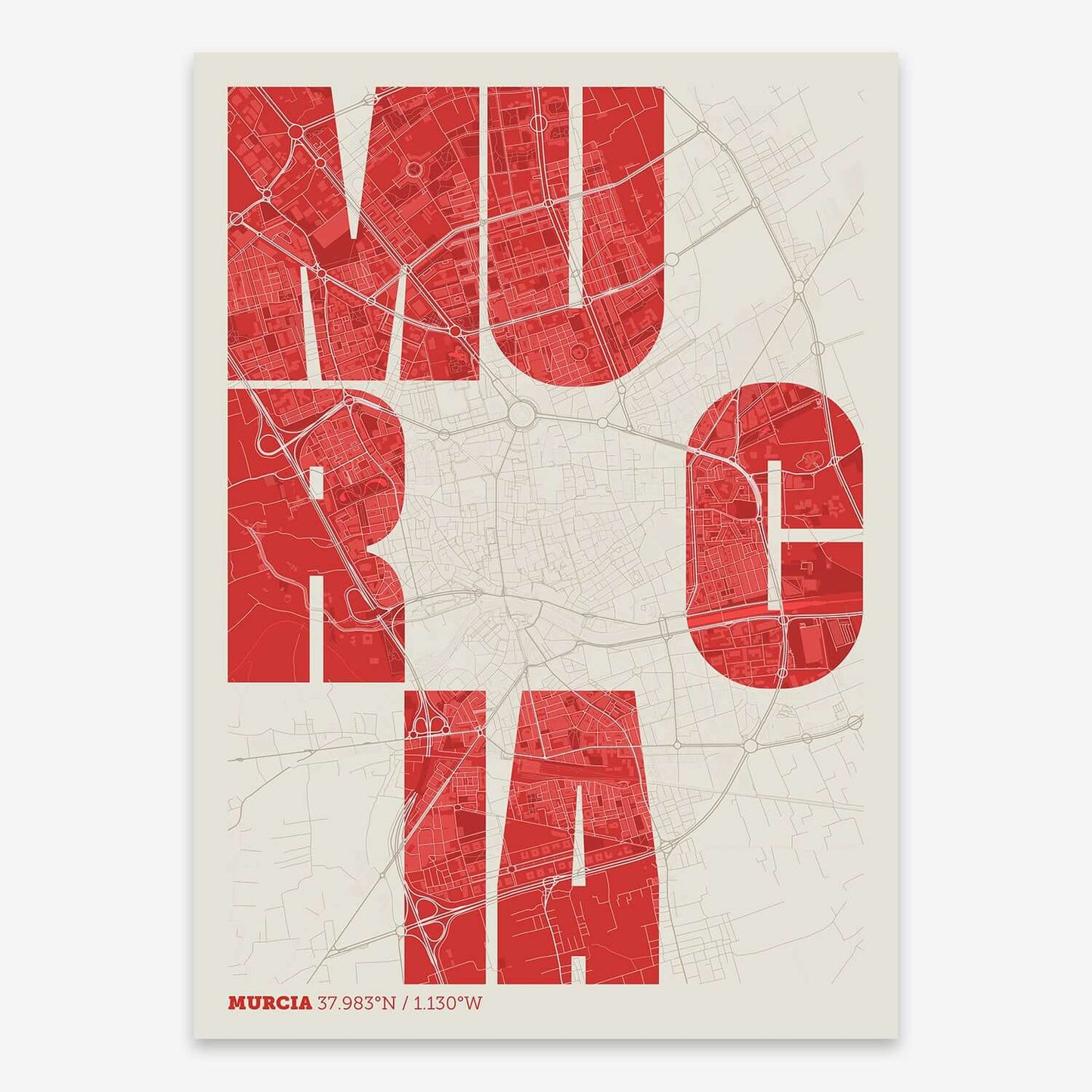 The map of Murcia with letters of its name placed randomly, designed in red and an off-white background