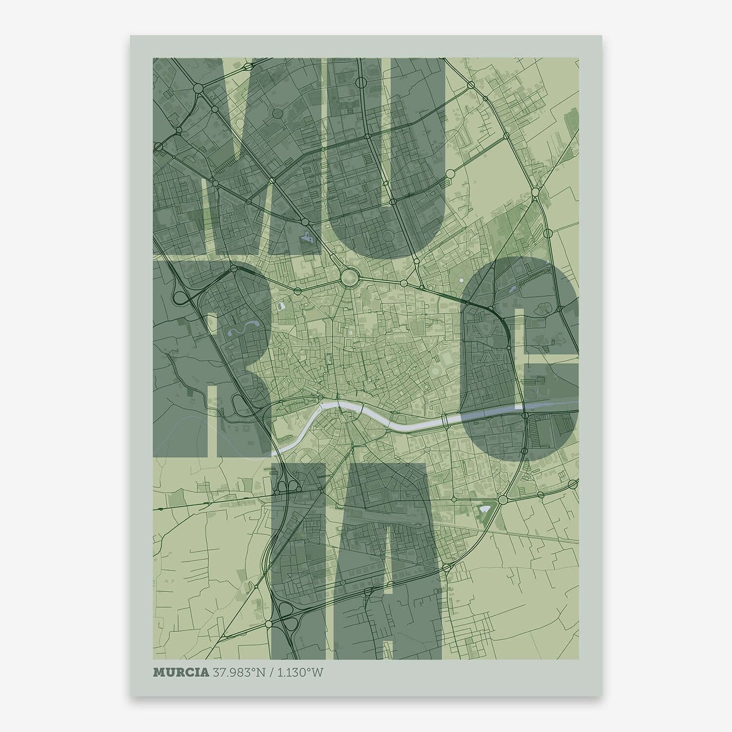 The map of Murcia with letters of its name placed randomly, designed in two green tones