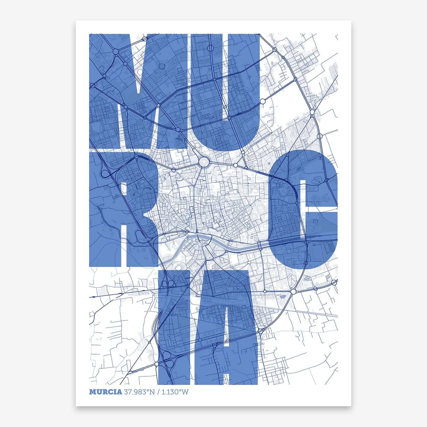 The map of Murcia with letters of its name placed randomly, designed in navy blue and white