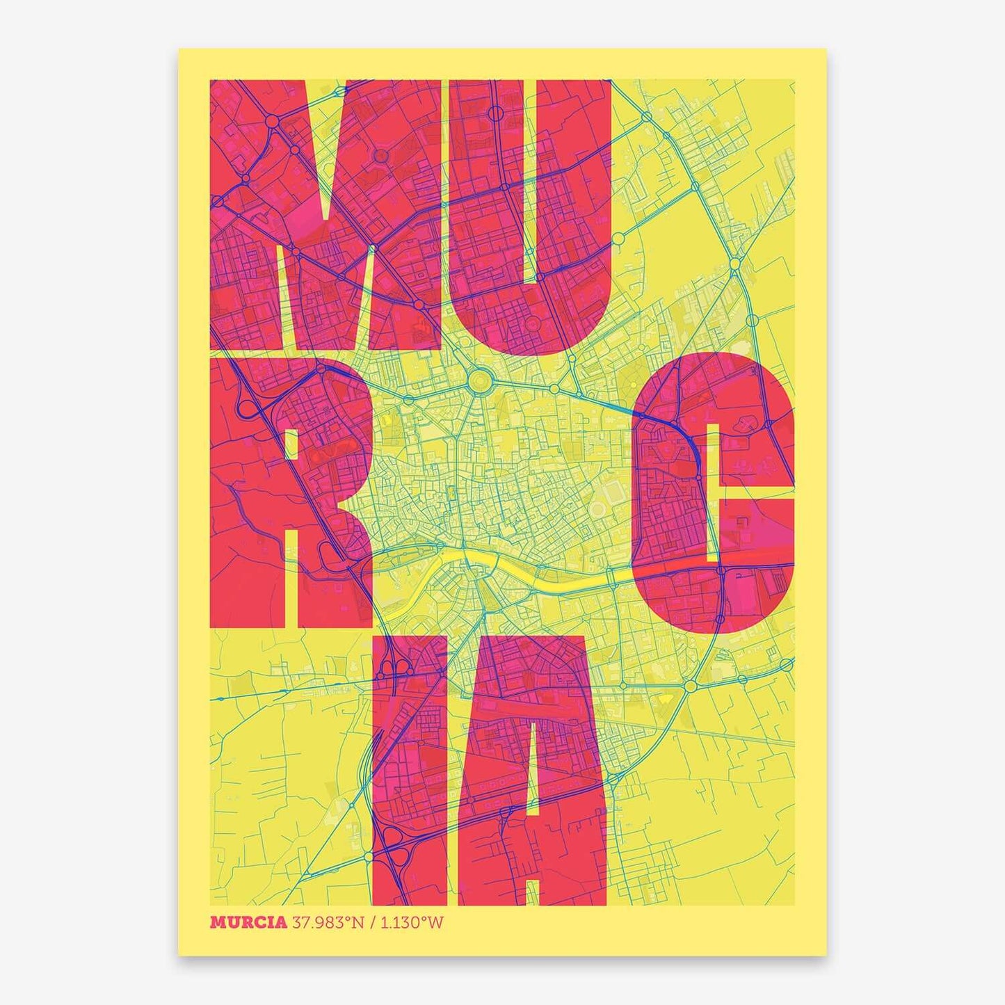 The map of Murcia with letters of its name placed randomly, designed in yellow and fuchsia