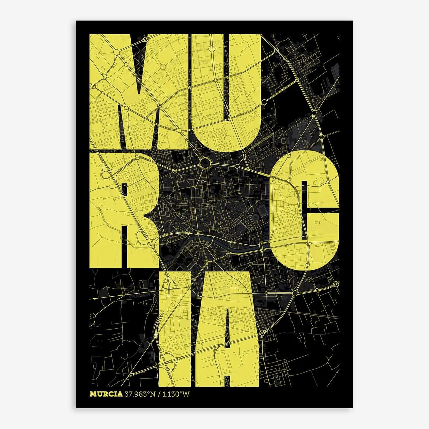 The map of Murcia with letters of its name placed randomly, designed in black and yellow