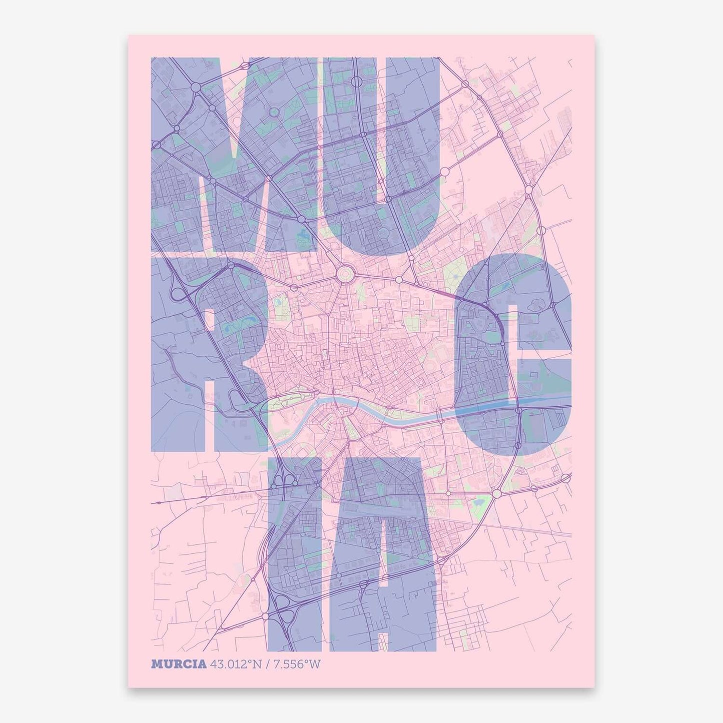 The map of Murcia with letters of its name placed randomly, designed in pink and light blue