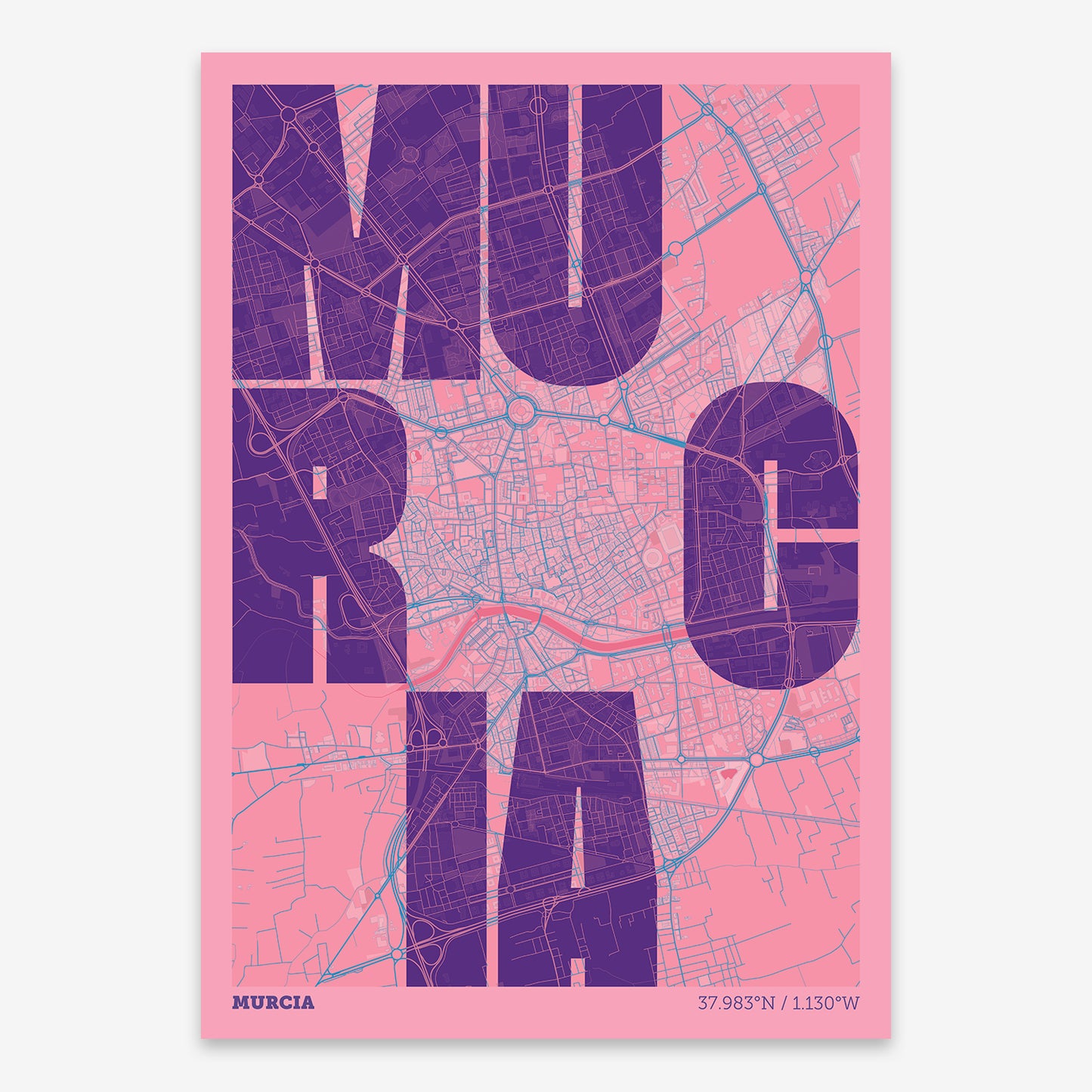 The map of Murcia with letters of its name placed randomly, designed in violet y pink background