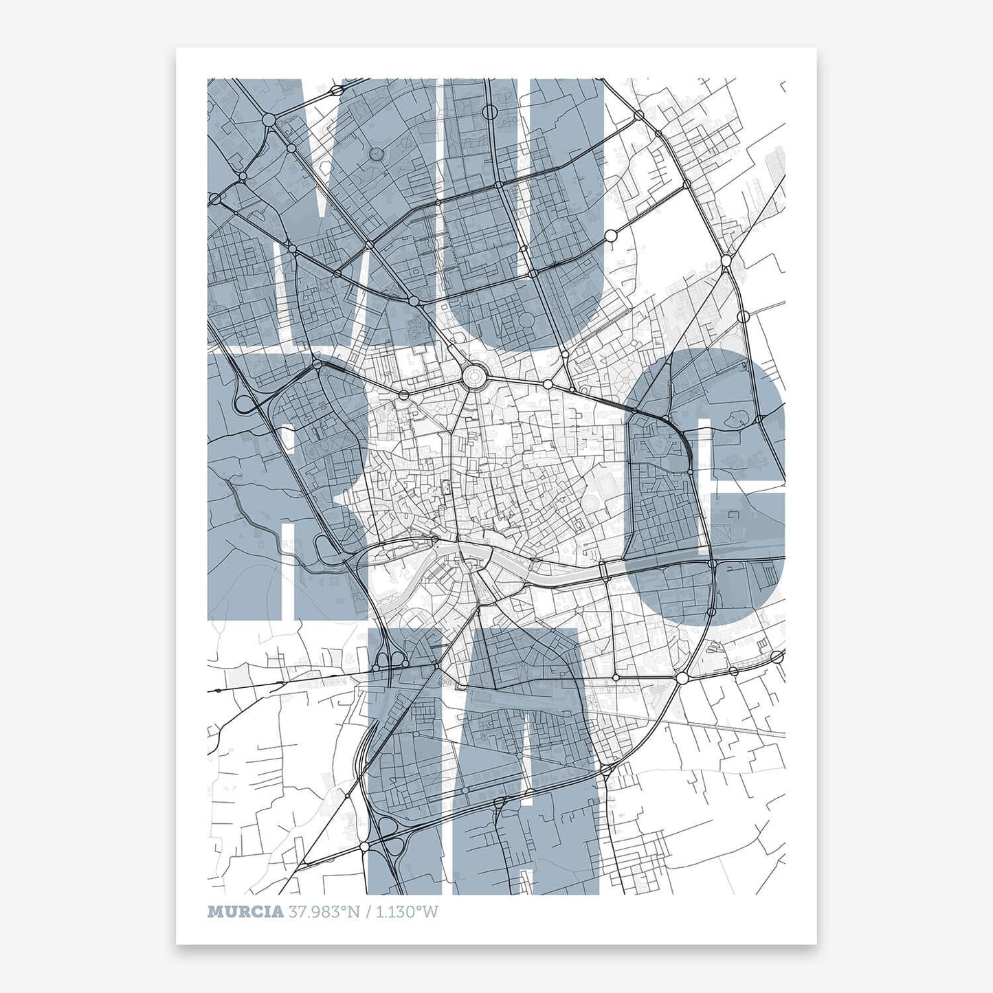 The map of Murcia with letters of its name placed randomly, designed in black and white