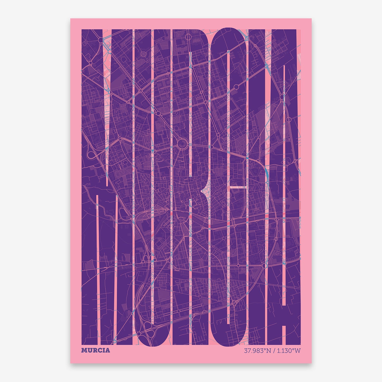 The map of Murcia and letters of its name in a giclée print designed in violet y pink background