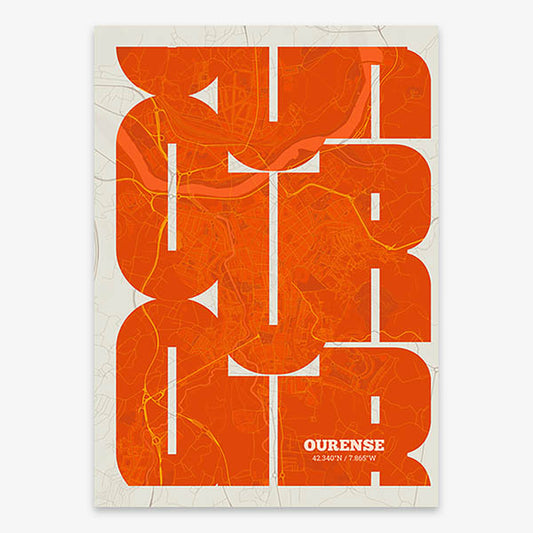 Poster of Ourense composed with letters from its abbreviation or its airport IATA code printed on orange and an off-white background