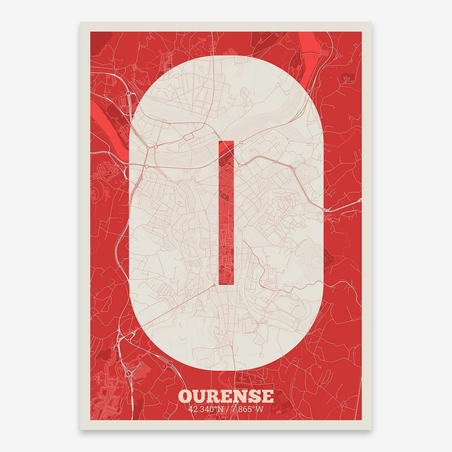 The map of Ourense composed with letters in a heavy geometric font printed on red and an off-white background
