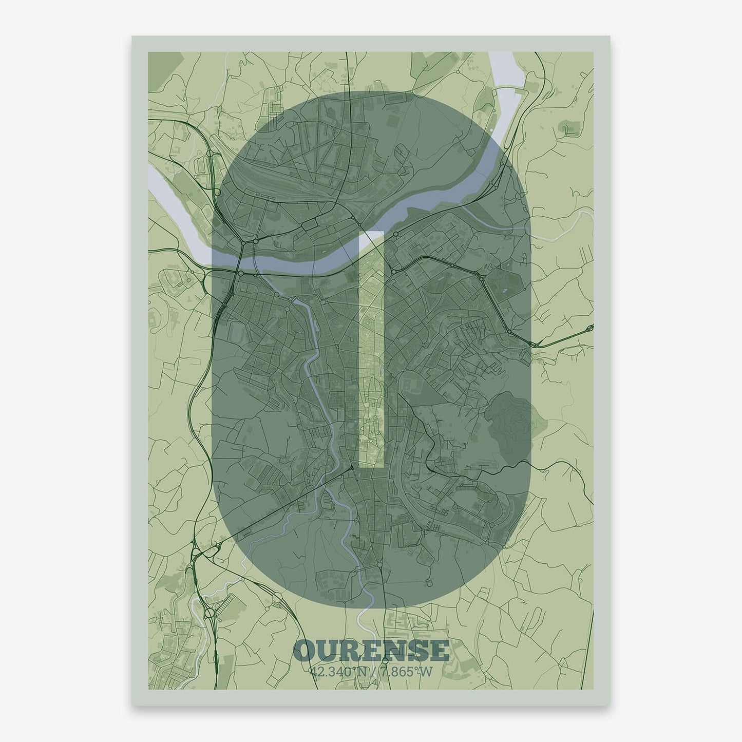 The map of Ourense composed with letters in a heavy geometric font printed on two green tones