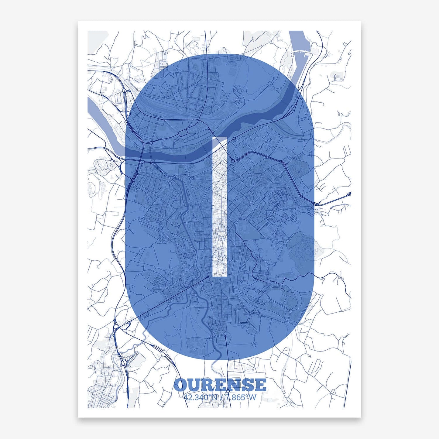 The map of Ourense composed with letters in a heavy geometric font printed on navy blue and white
