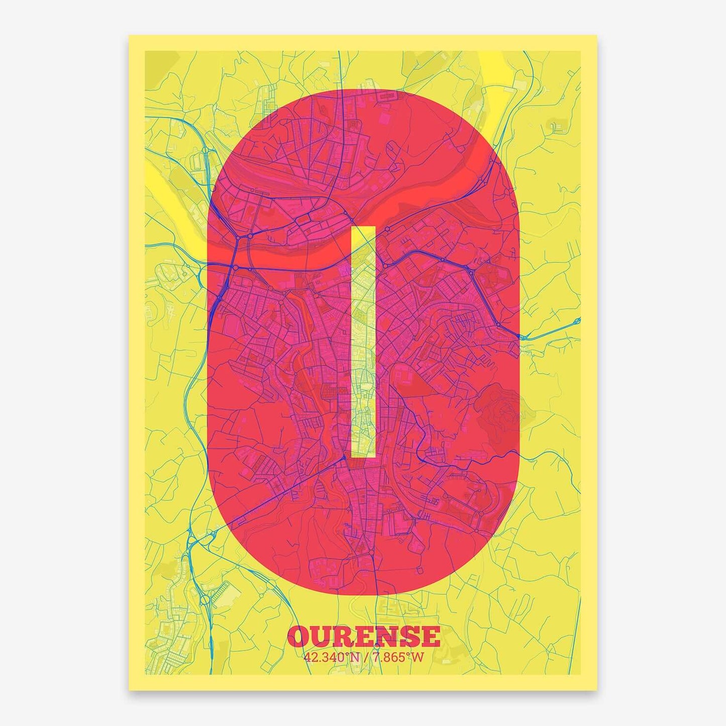 The map of Ourense composed with letters in a heavy geometric font printed on yellow and fuchsia