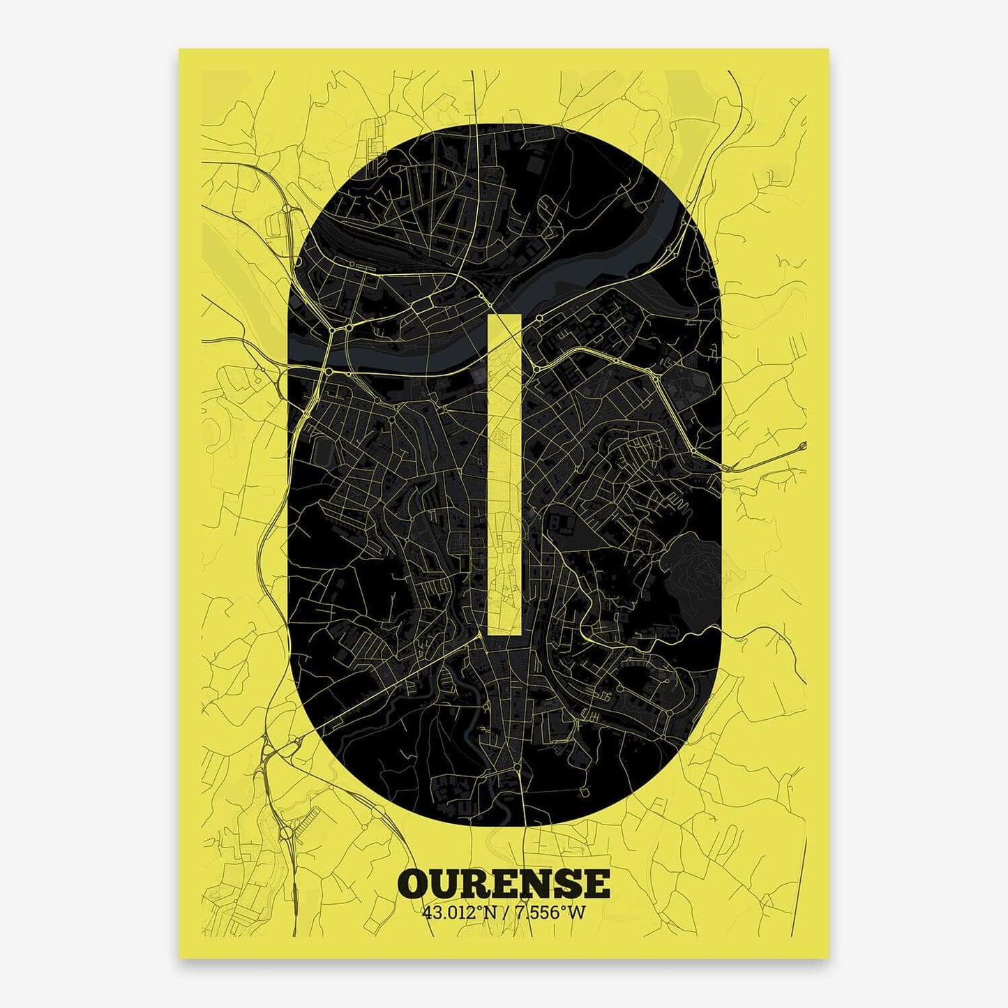 The map of Ourense composed with letters in a heavy geometric font printed on black and yellow