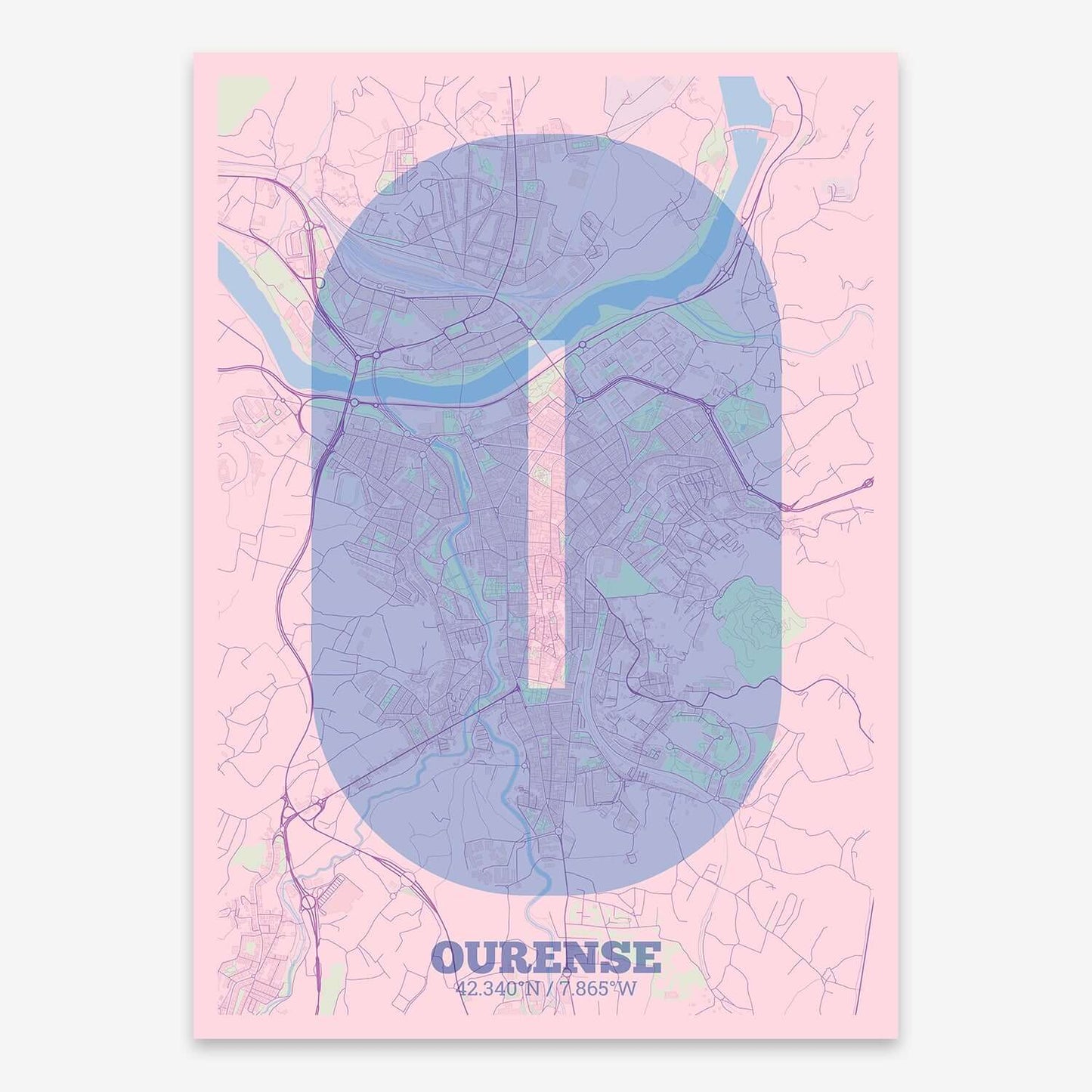 The map of Ourense composed with letters in a heavy geometric font printed on pink and light blue
