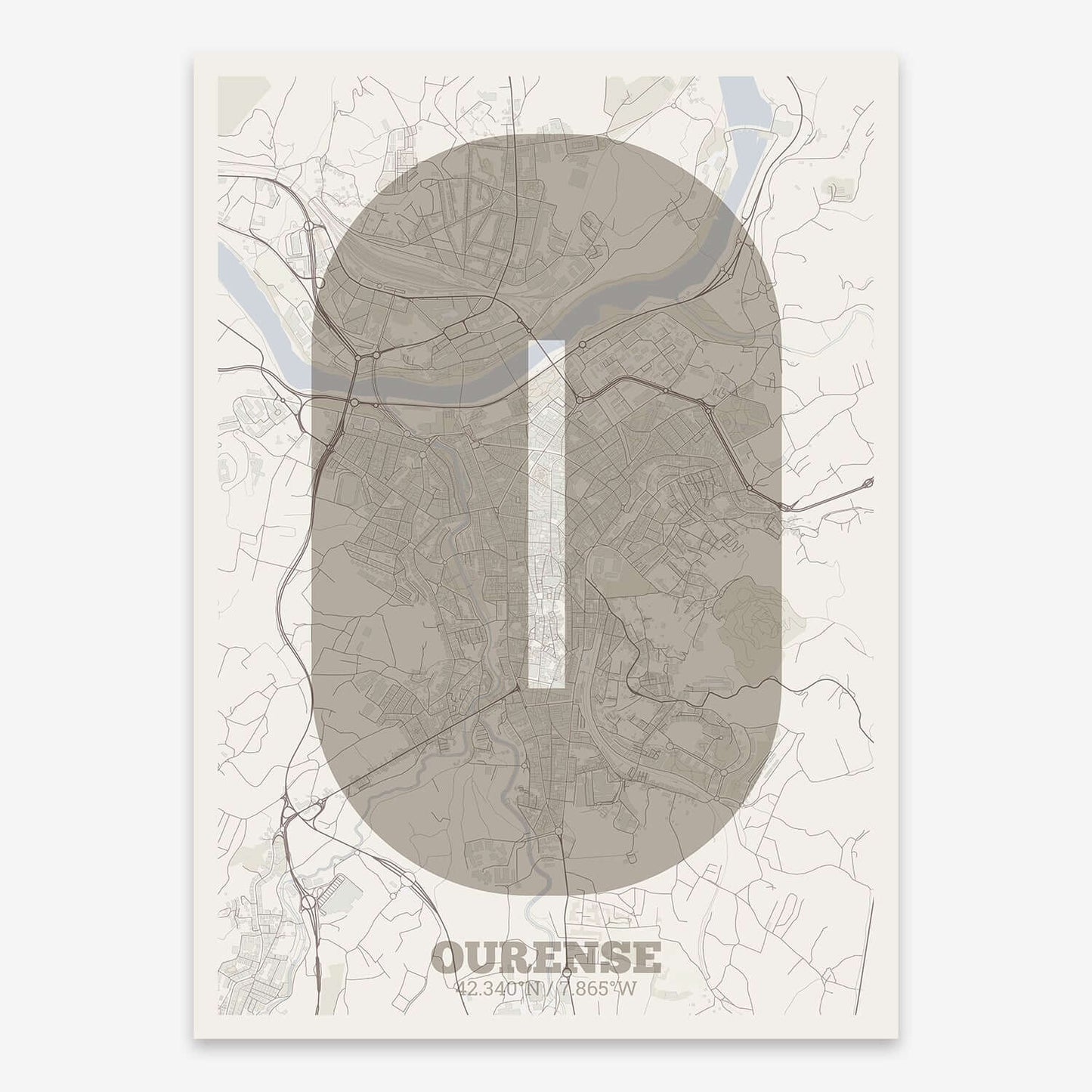 The map of Ourense composed with letters in a heavy geometric font printed on light brown and an off-white background