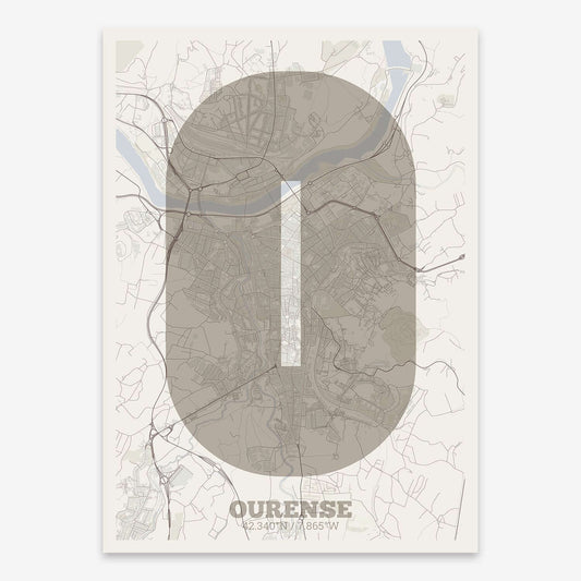 The map of Ourense composed with letters in a heavy geometric font printed on light brown and an off-white background