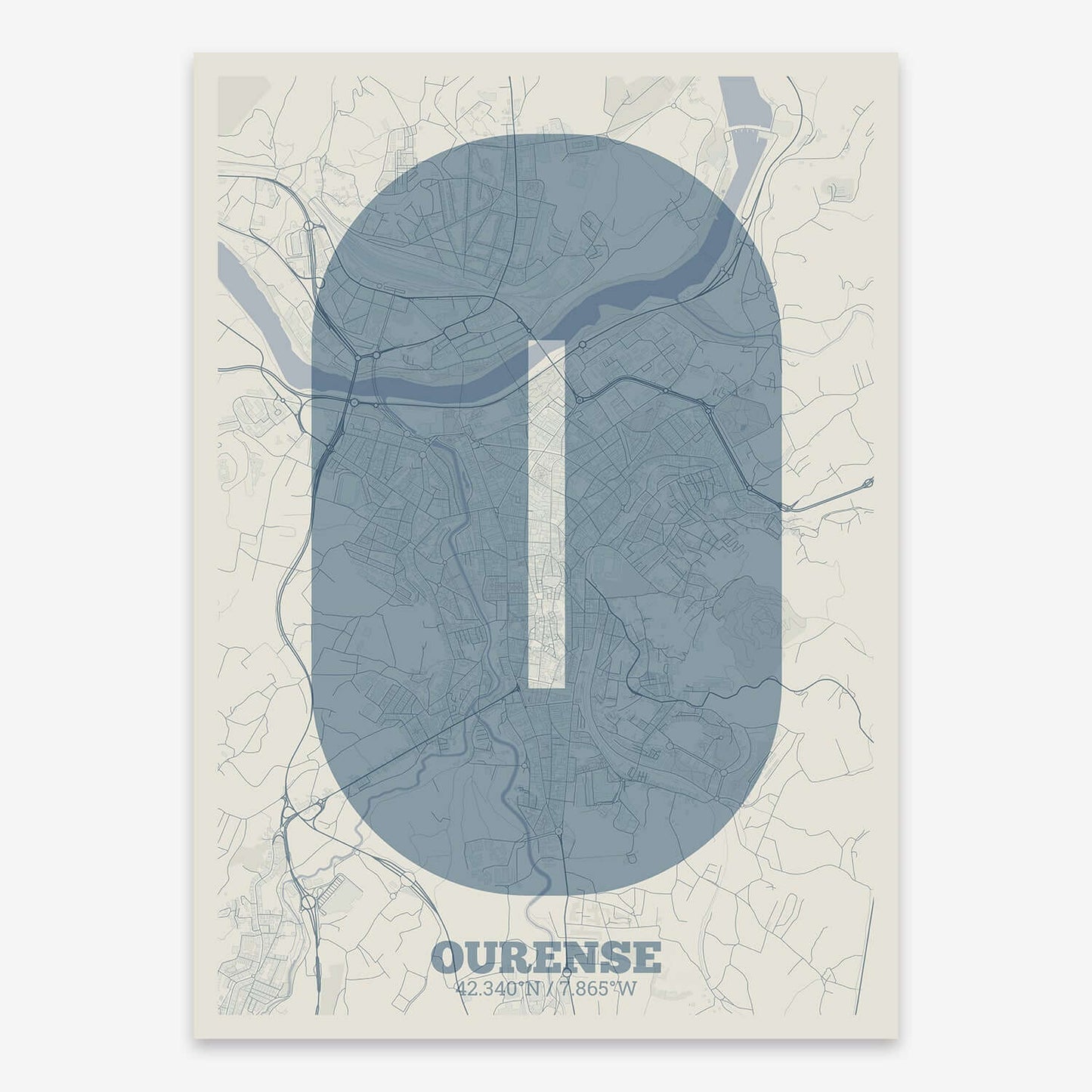 The map of Ourense composed with letters in a heavy geometric font printed on bluish gray and an off-white background