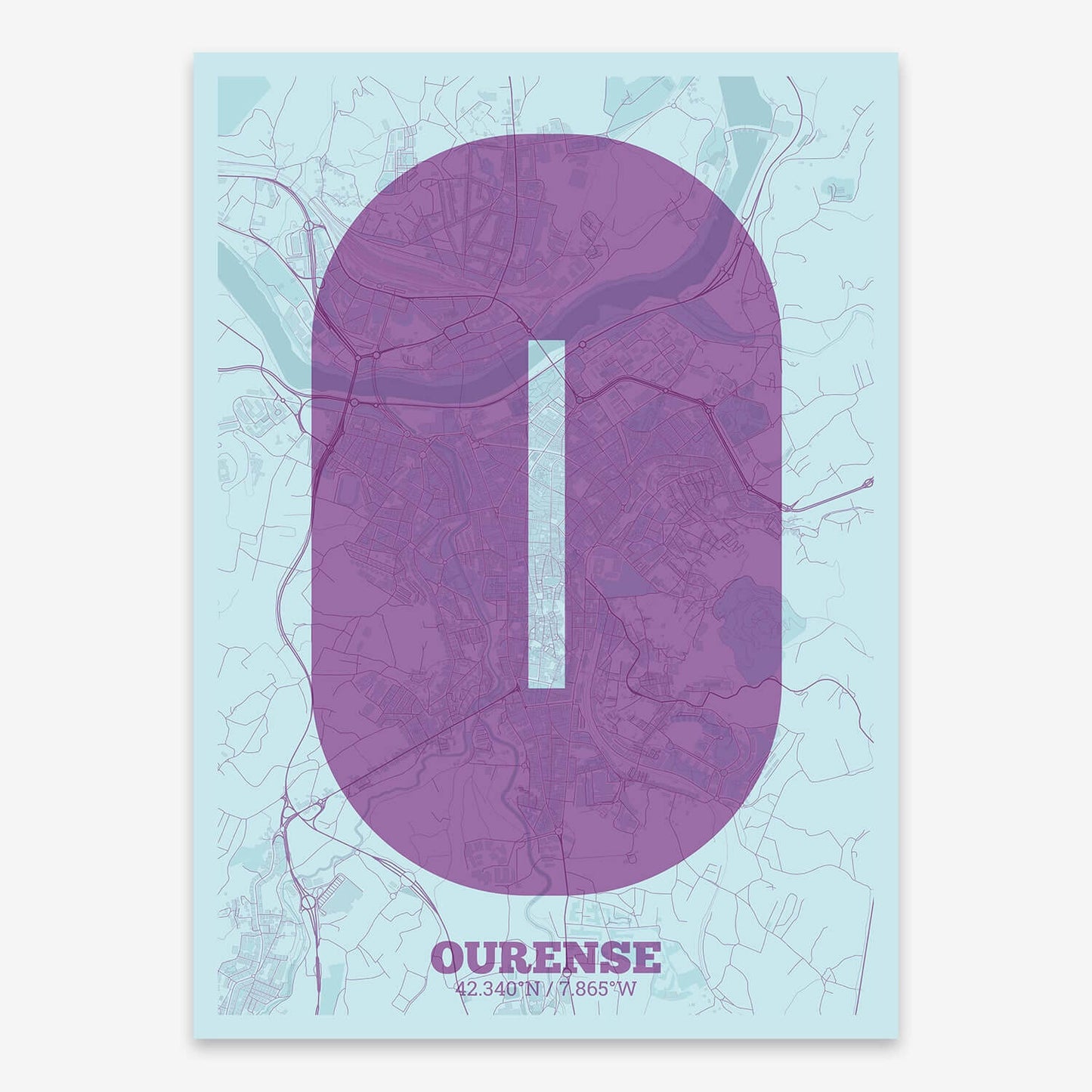 The map of Ourense composed with letters in a heavy geometric font printed on purple and light blue