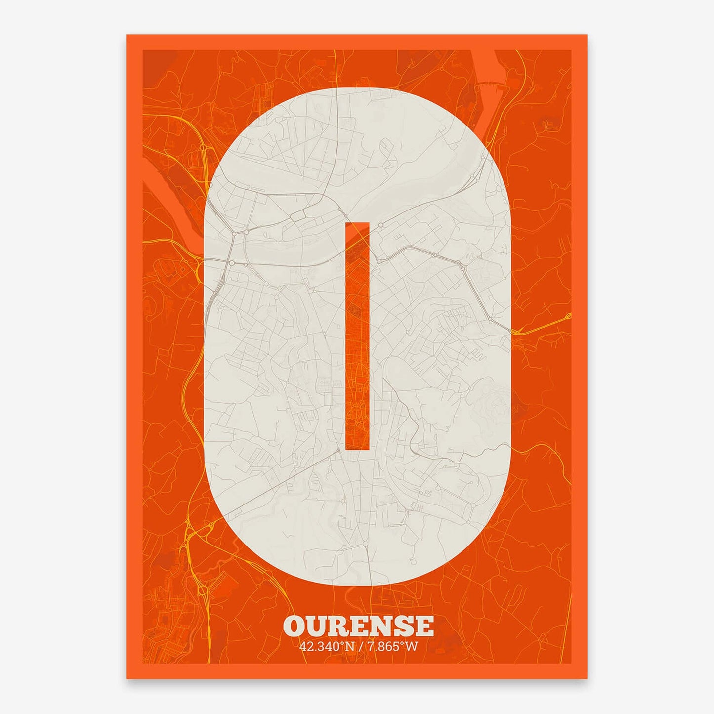 The map of Ourense composed with letters in a heavy geometric font printed on orange and an off-white background