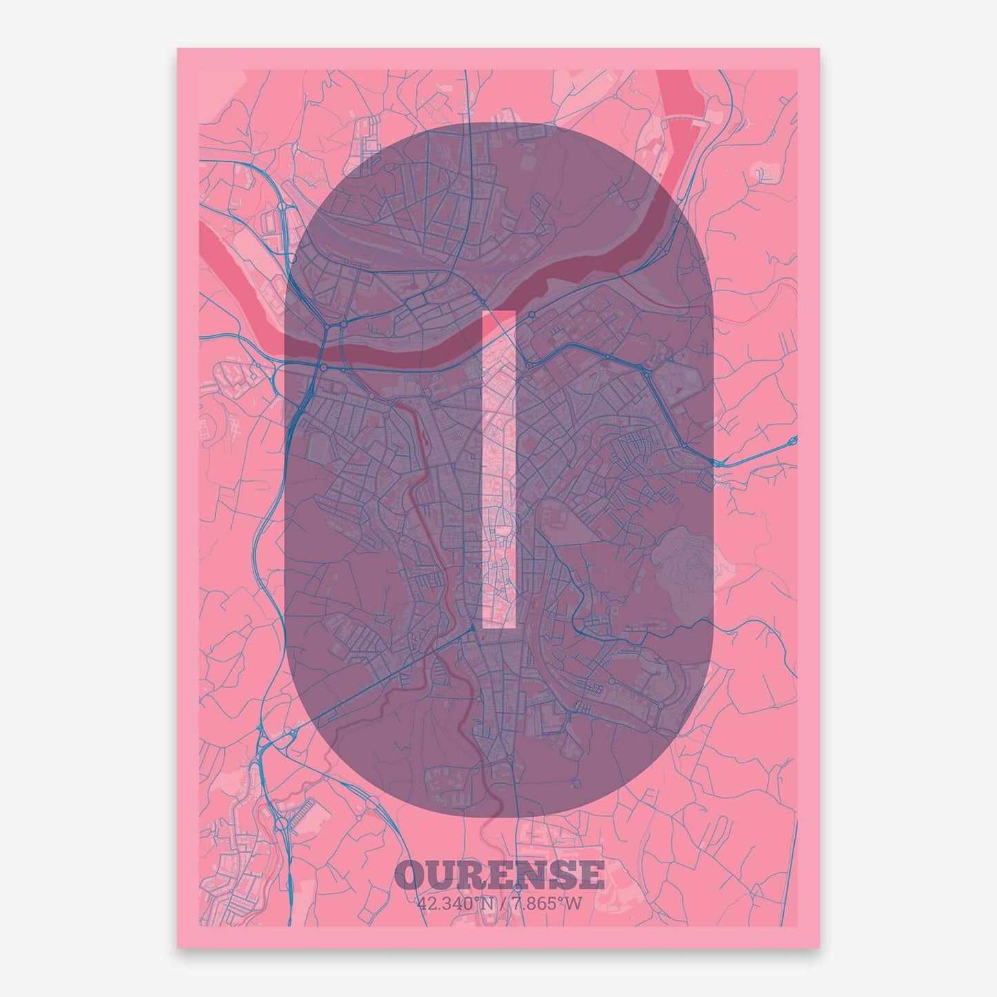The map of Ourense composed with letters in a heavy geometric font printed on violet y pink background