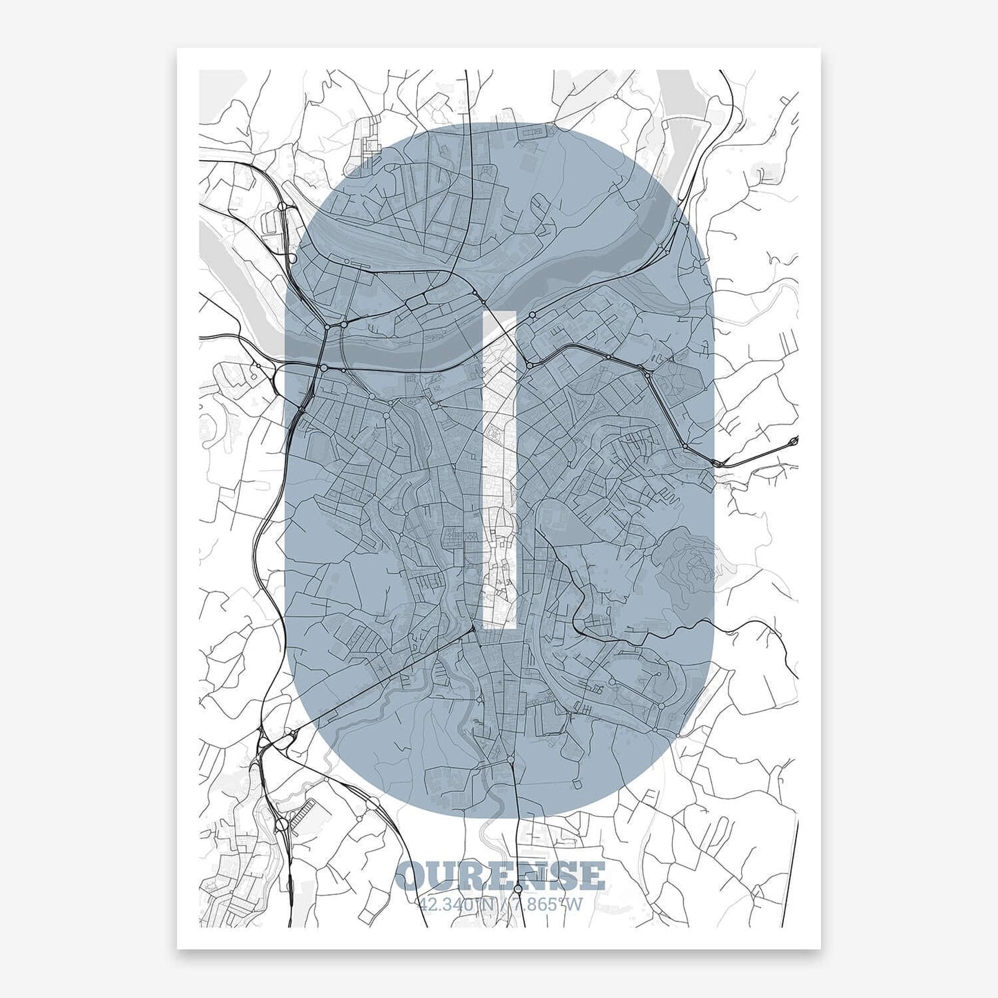 The map of Ourense composed with letters in a heavy geometric font printed on black and white