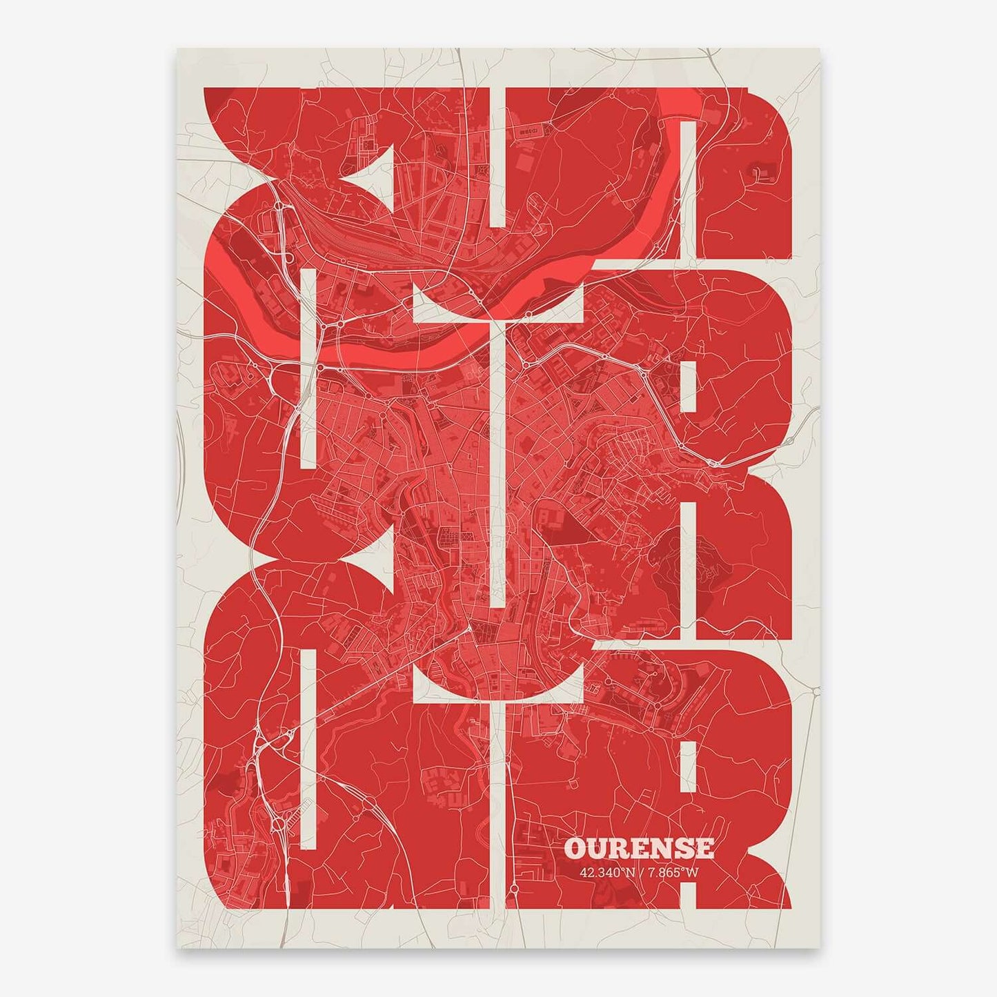 The map of Ourense composed with letters from its name or IATA code printed on red and an off-white background